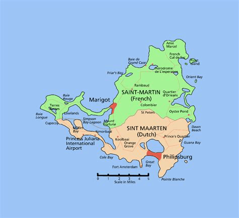 Map of Saint Martin (French) and Sint Maarten (Dutch), the island divided between two nations
